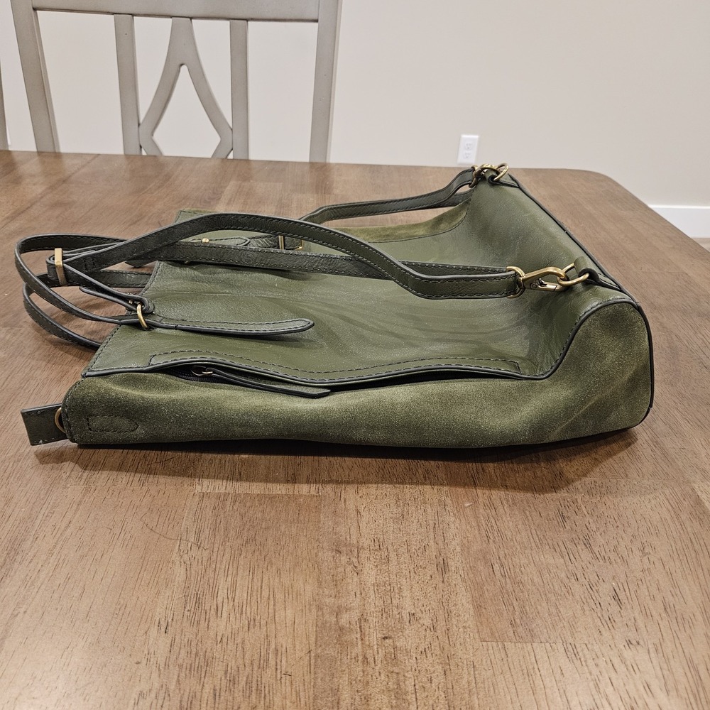 Fossil Leather Convertible Backpack Purse Tote Olive Green Suede Sides - Picture 4 of 8